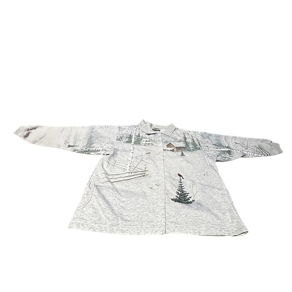 Artisans Knit Winter Scenic Cabin Button Shirt USA Vintage Large - Picture 2 of 16
